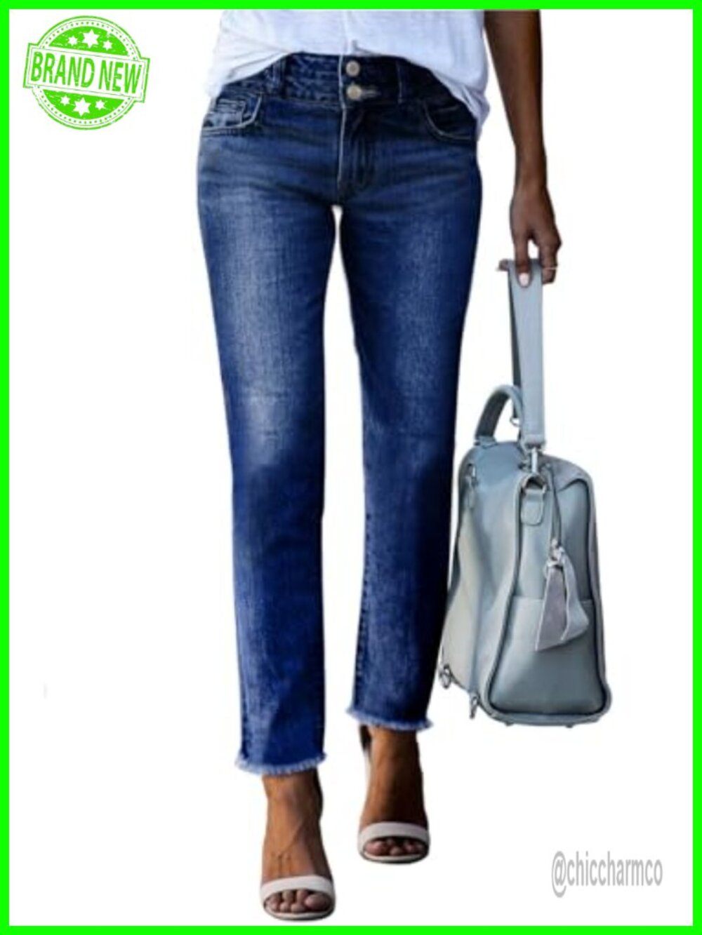 High Waisted Raw Hem Straight Leg Jeans Cotton Denim